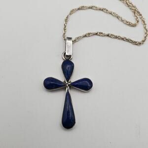 Vintage 950 Sterling Silver Lapiz Rounded Cross Necklace Pendant Necklace 15"
